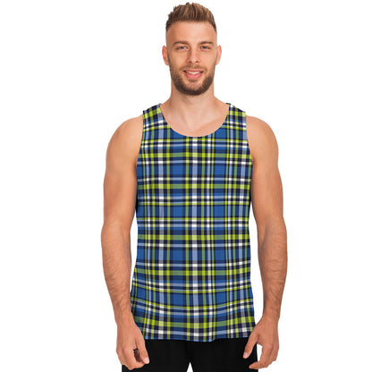 Blue Green And White Plaid Pattern Print Men's Tank Top