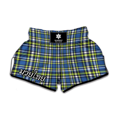 Blue Green And White Plaid Pattern Print Muay Thai Boxing Shorts