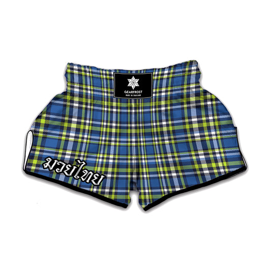 Blue Green And White Plaid Pattern Print Muay Thai Boxing Shorts