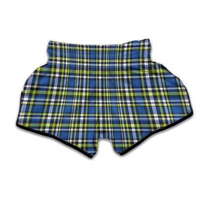 Blue Green And White Plaid Pattern Print Muay Thai Boxing Shorts