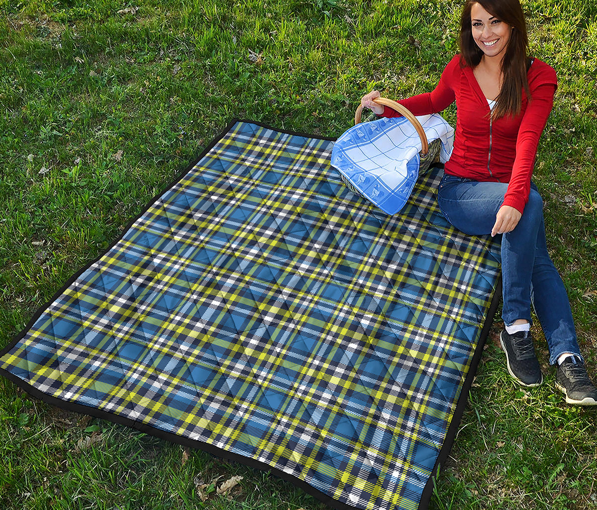 Blue Green And White Plaid Pattern Print Quilt