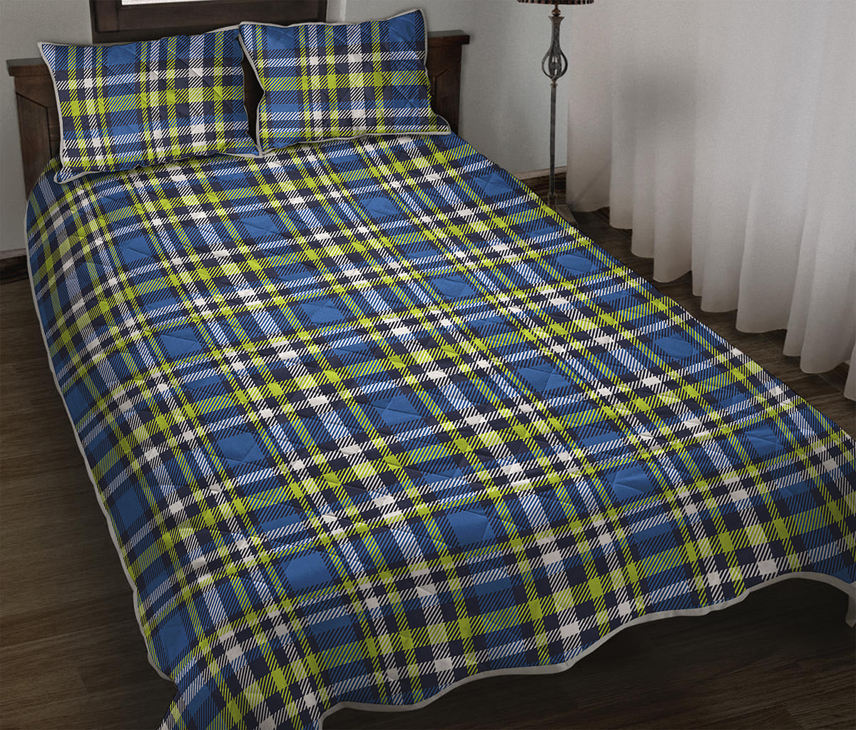 Blue Green And White Plaid Pattern Print Quilt Bed Set