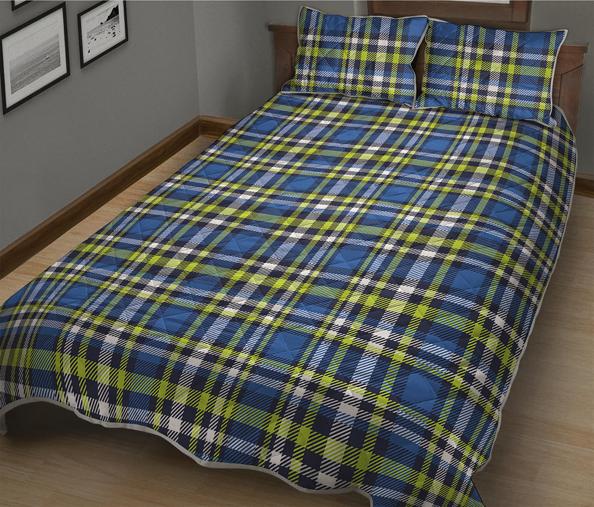 Blue Green And White Plaid Pattern Print Quilt Bed Set