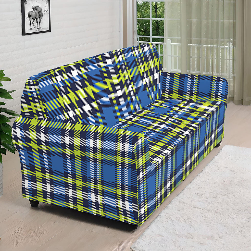 Blue Green And White Plaid Pattern Print Sofa Cover