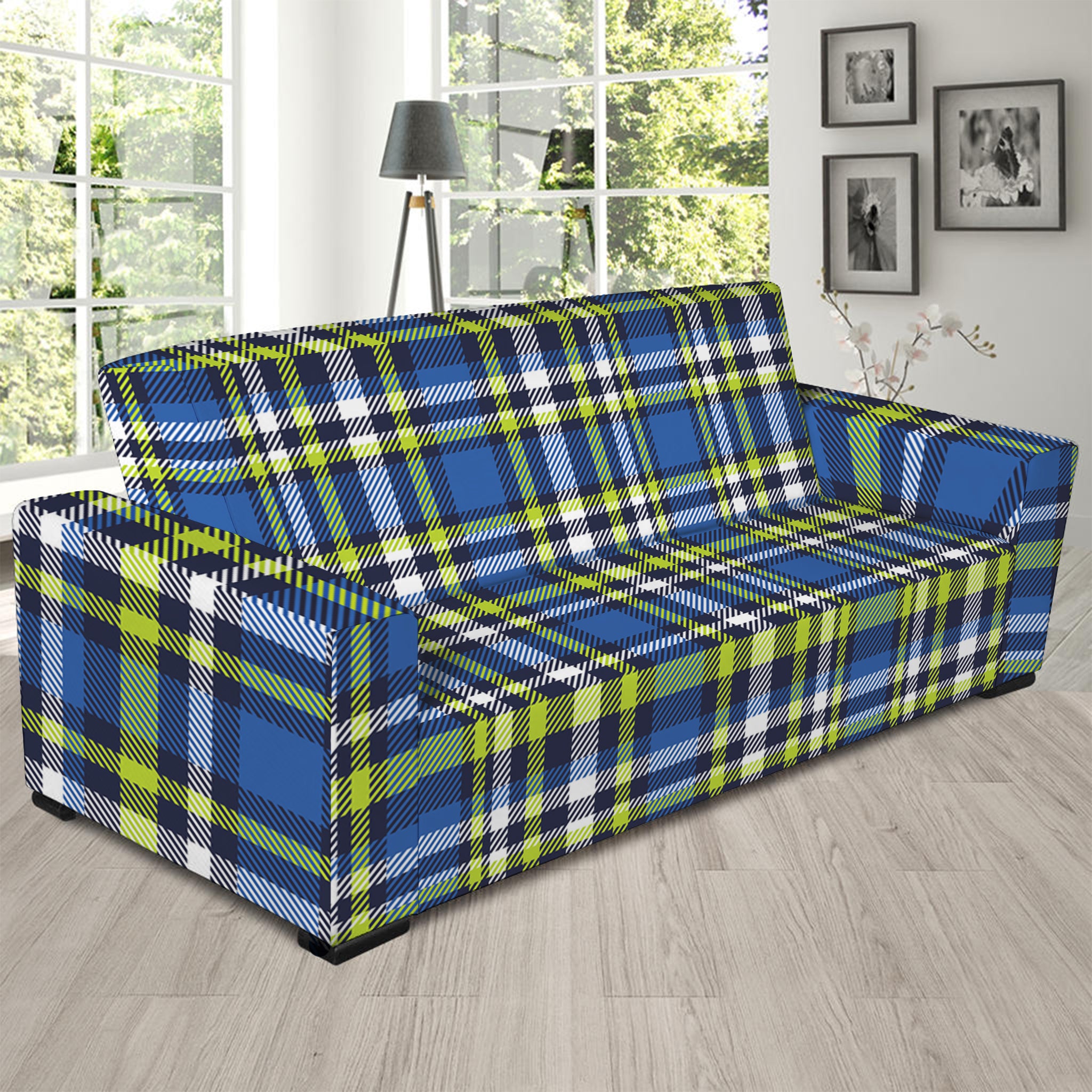 Blue Green And White Plaid Pattern Print Sofa Slipcover