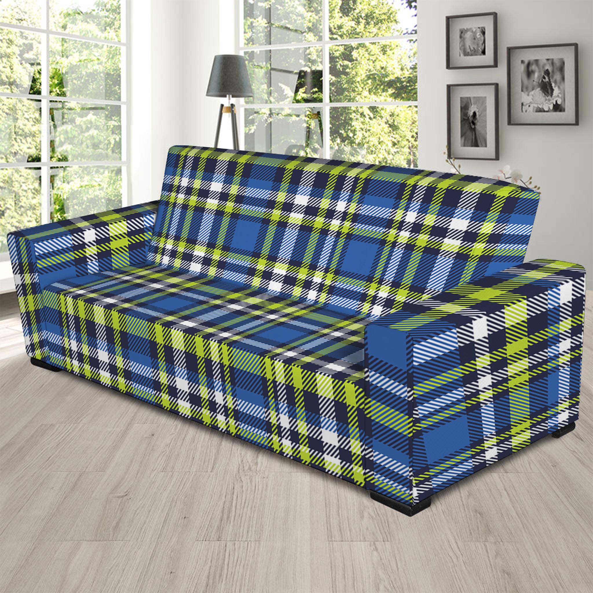 Blue Green And White Plaid Pattern Print Sofa Slipcover