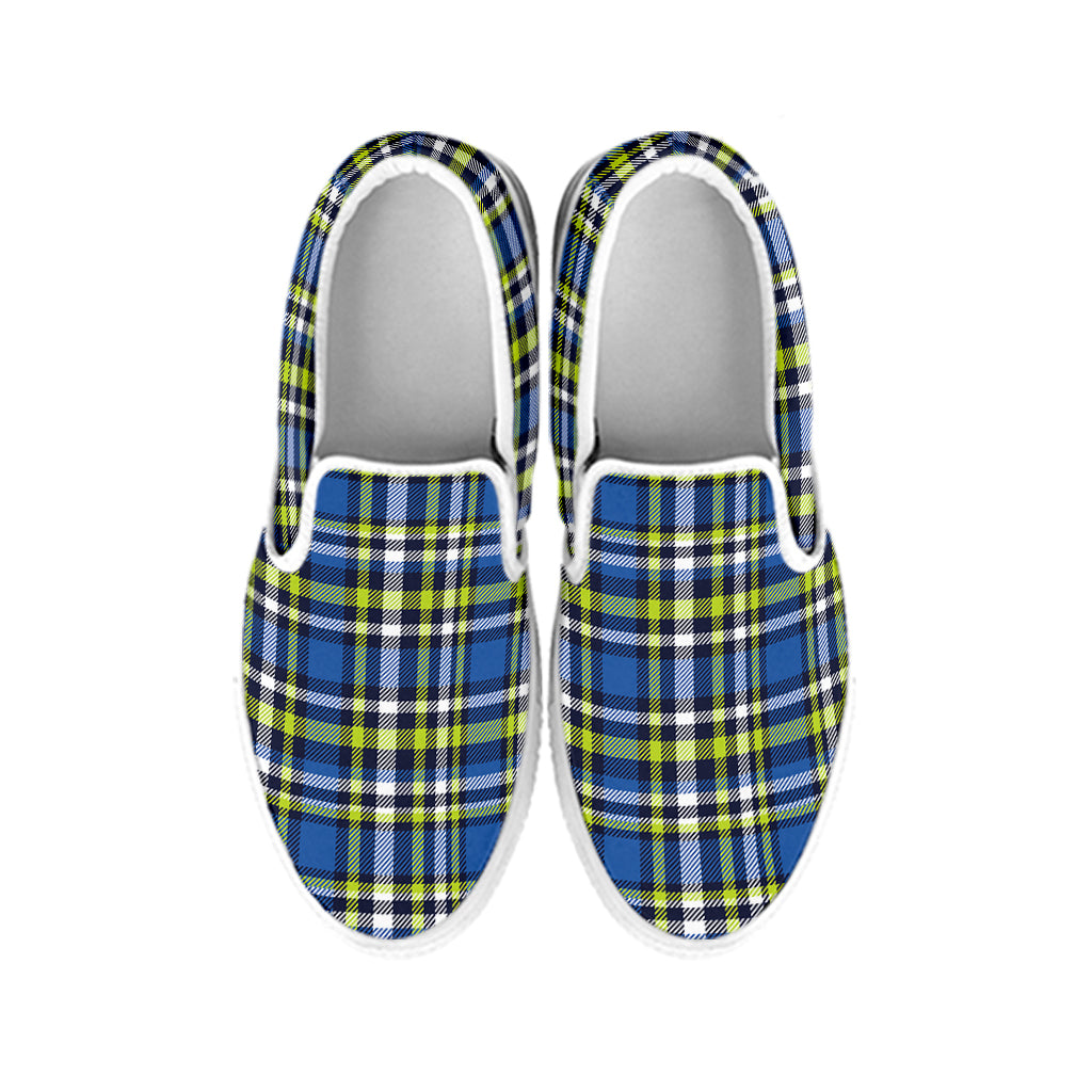 Blue Green And White Plaid Pattern Print White Slip On Shoes
