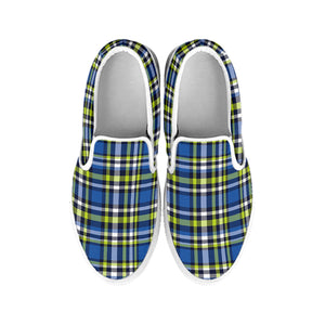 Blue Green And White Plaid Pattern Print White Slip On Shoes