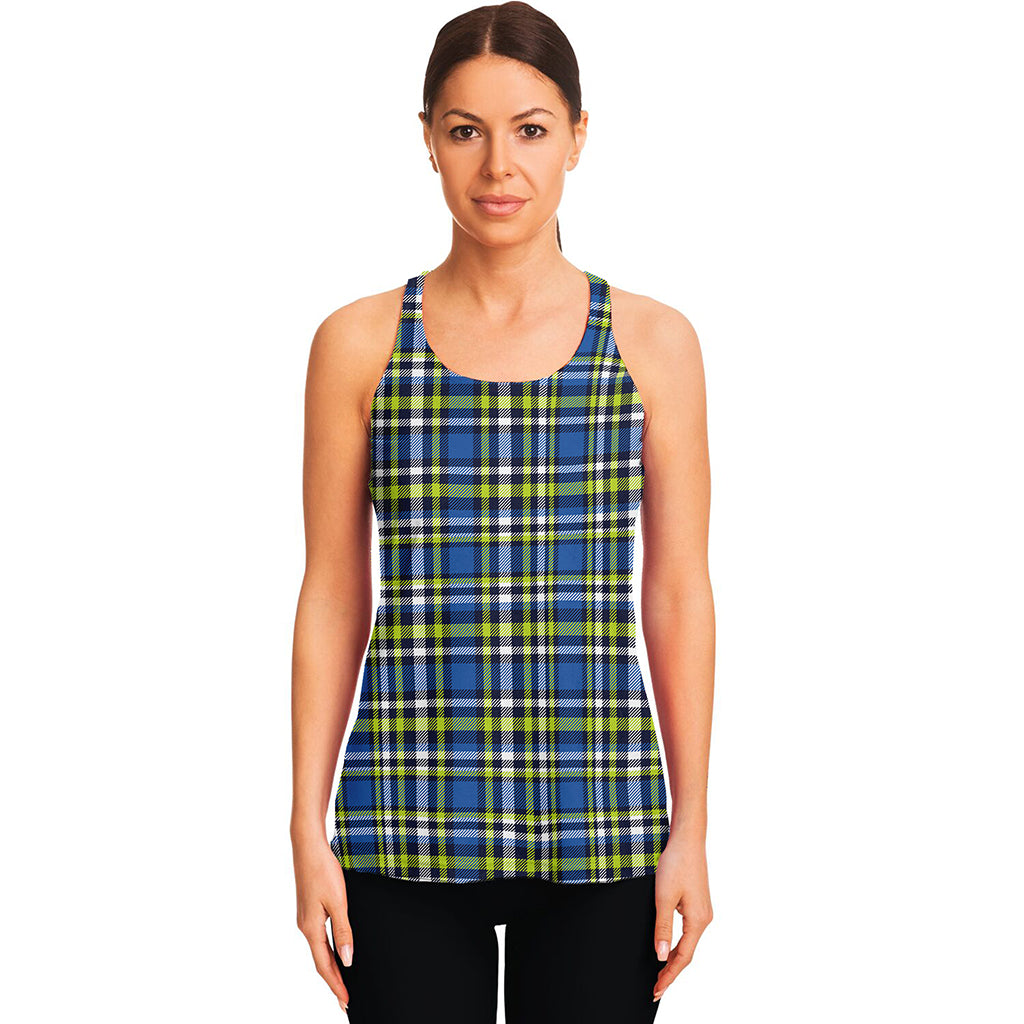 Blue Green And White Plaid Pattern Print Women's Racerback Tank Top