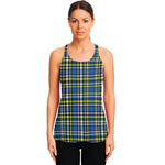Blue Green And White Plaid Pattern Print Women's Racerback Tank Top