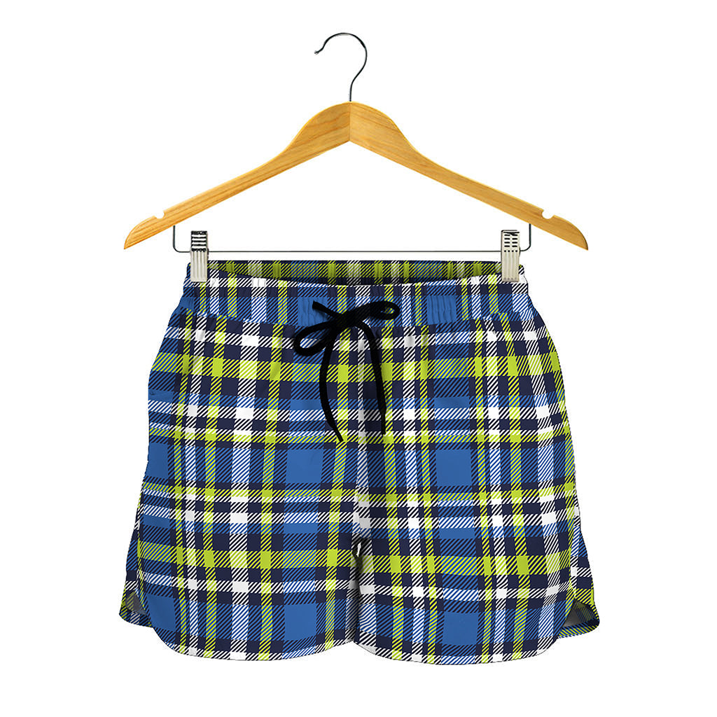 Blue Green And White Plaid Pattern Print Women's Shorts