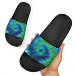 Blue Green And White Tie Dye Print Black Slide Sandals