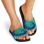 Blue Green And White Tie Dye Print Black Slide Sandals