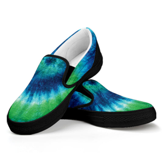 Blue Green And White Tie Dye Print Black Slip On Shoes