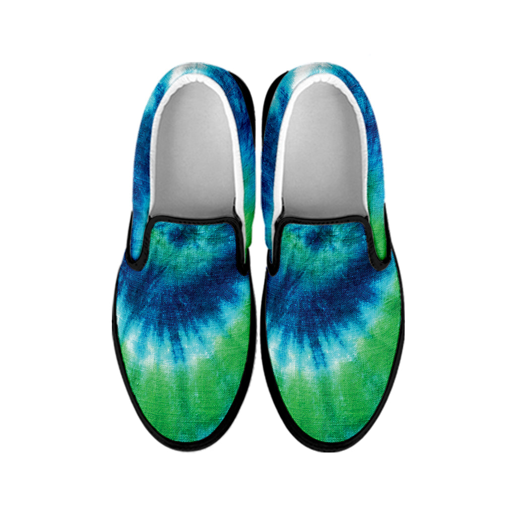 Blue Green And White Tie Dye Print Black Slip On Shoes