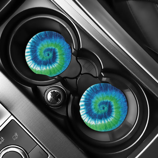 Blue Green And White Tie Dye Print Car Coasters