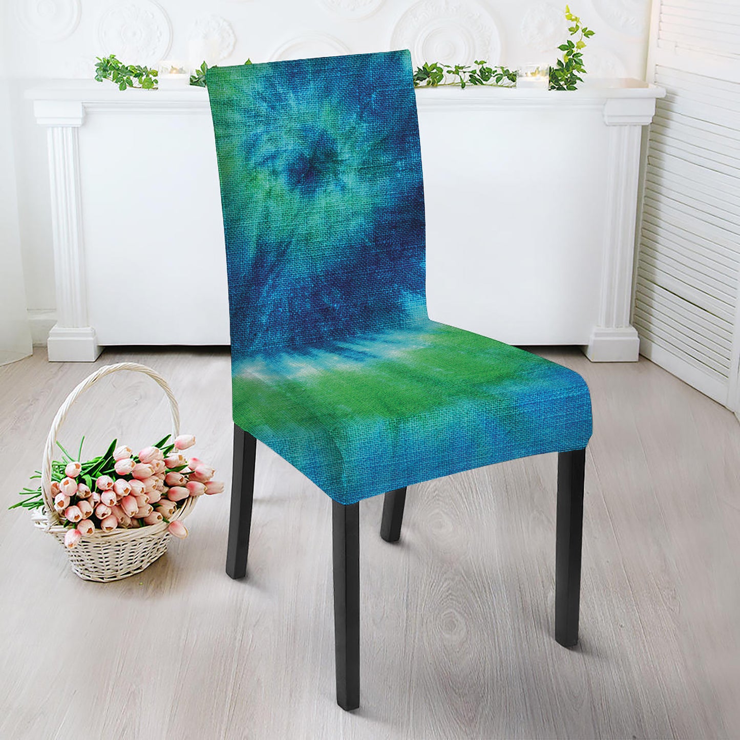 Blue Green And White Tie Dye Print Dining Chair Slipcover