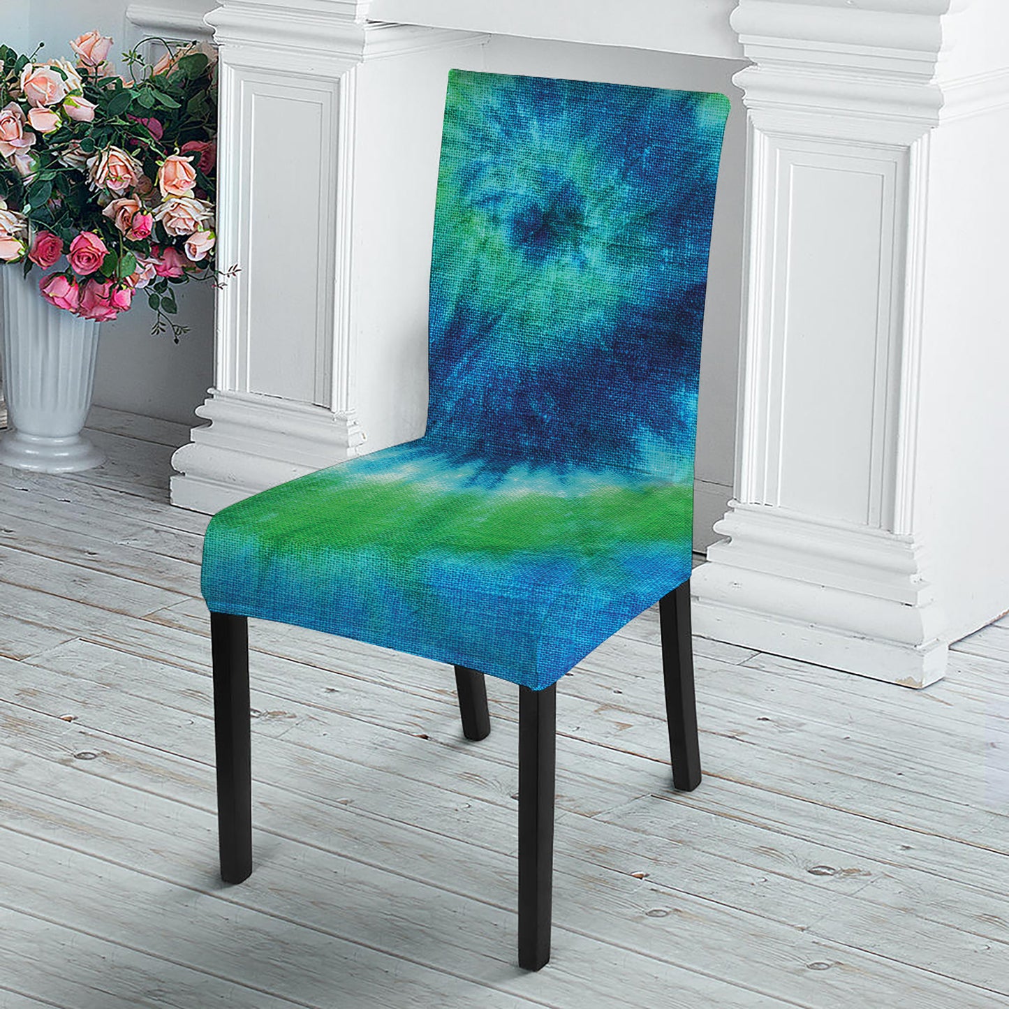 Blue Green And White Tie Dye Print Dining Chair Slipcover