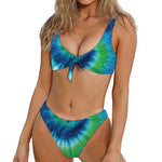 Blue Green And White Tie Dye Print Front Bow Tie Bikini