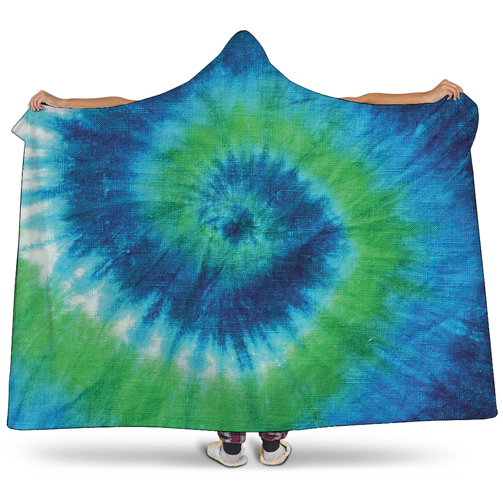Blue Green And White Tie Dye Print Hooded Blanket