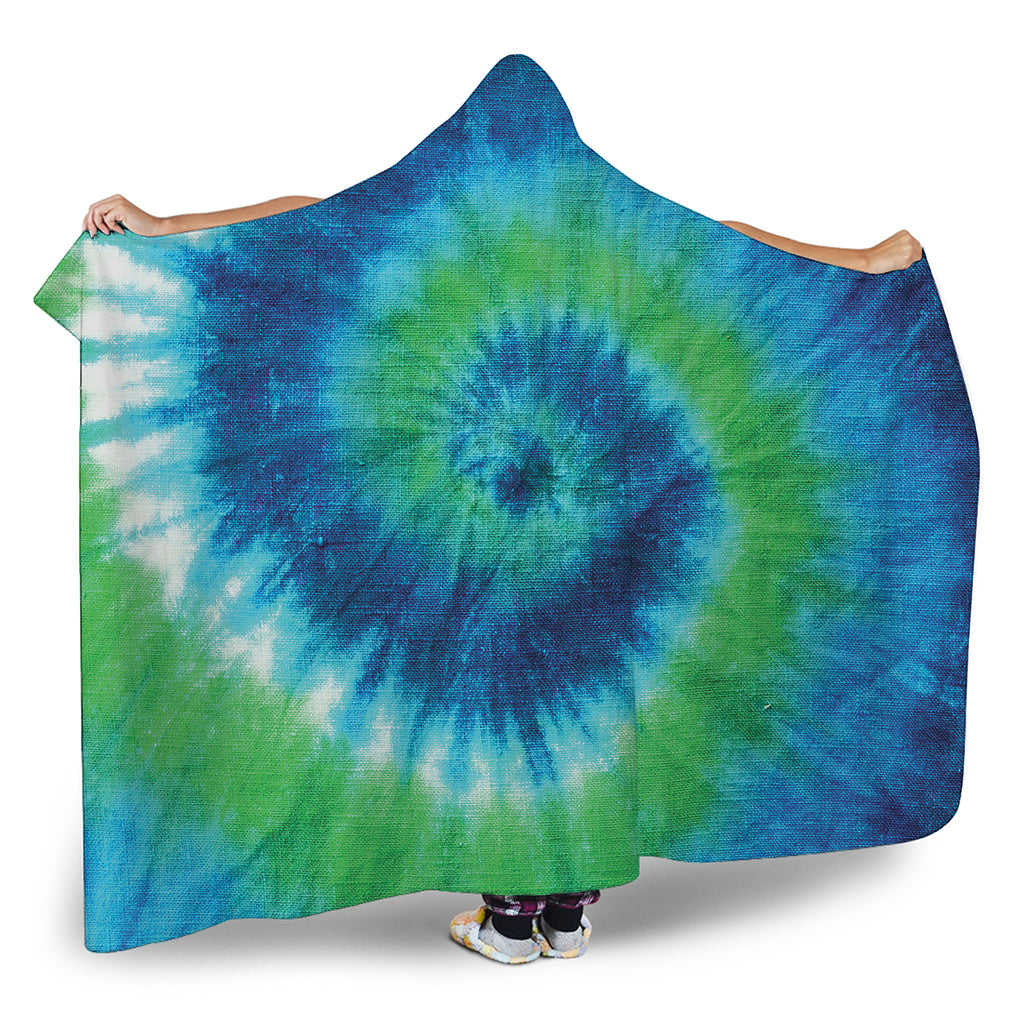 Blue Green And White Tie Dye Print Hooded Blanket
