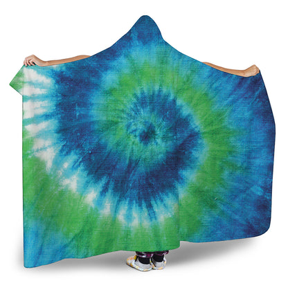 Blue Green And White Tie Dye Print Hooded Blanket