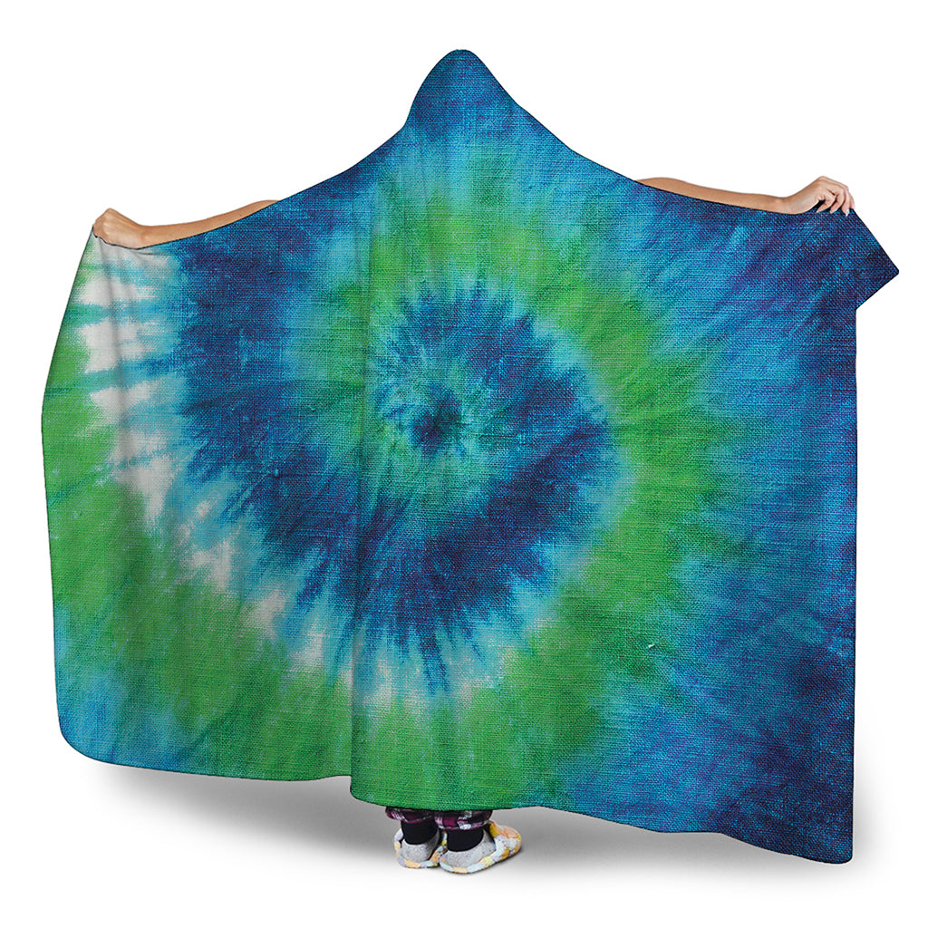 Blue Green And White Tie Dye Print Hooded Blanket