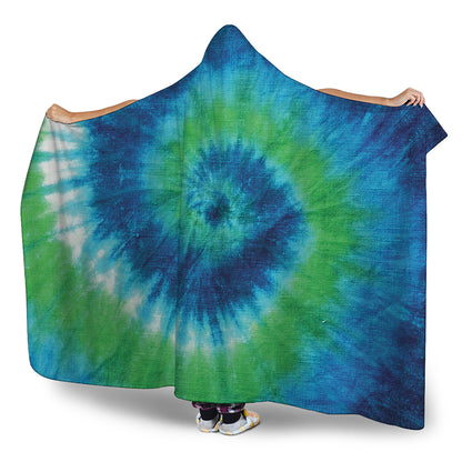 Blue Green And White Tie Dye Print Hooded Blanket