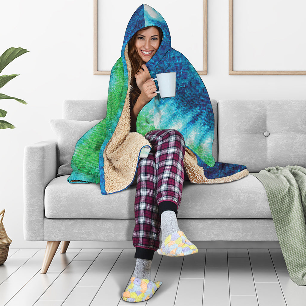 Blue Green And White Tie Dye Print Hooded Blanket