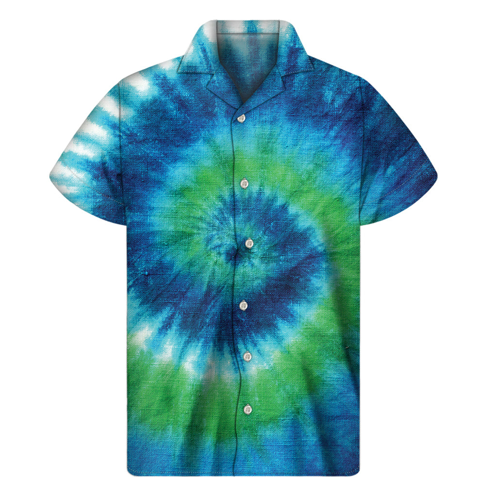 Blue Green And White Tie Dye Print Men's Short Sleeve Shirt