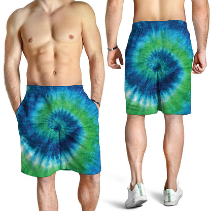 Blue Green And White Tie Dye Print Men's Shorts
