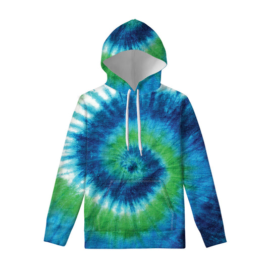 Blue Green And White Tie Dye Print Pullover Hoodie