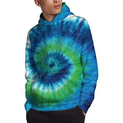 Blue Green And White Tie Dye Print Pullover Hoodie