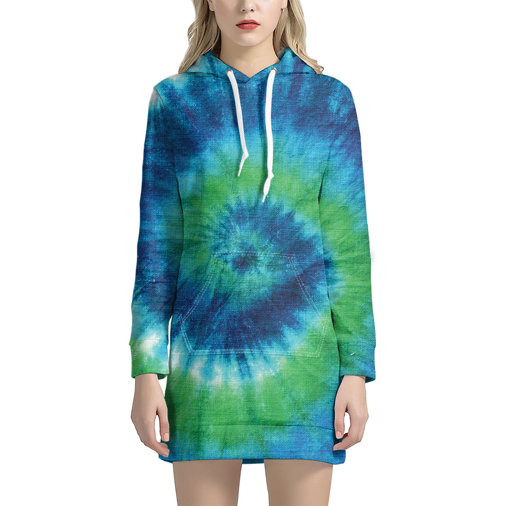 Blue Green And White Tie Dye Print Pullover Hoodie Dress