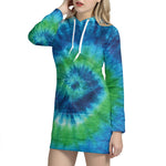 Blue Green And White Tie Dye Print Pullover Hoodie Dress