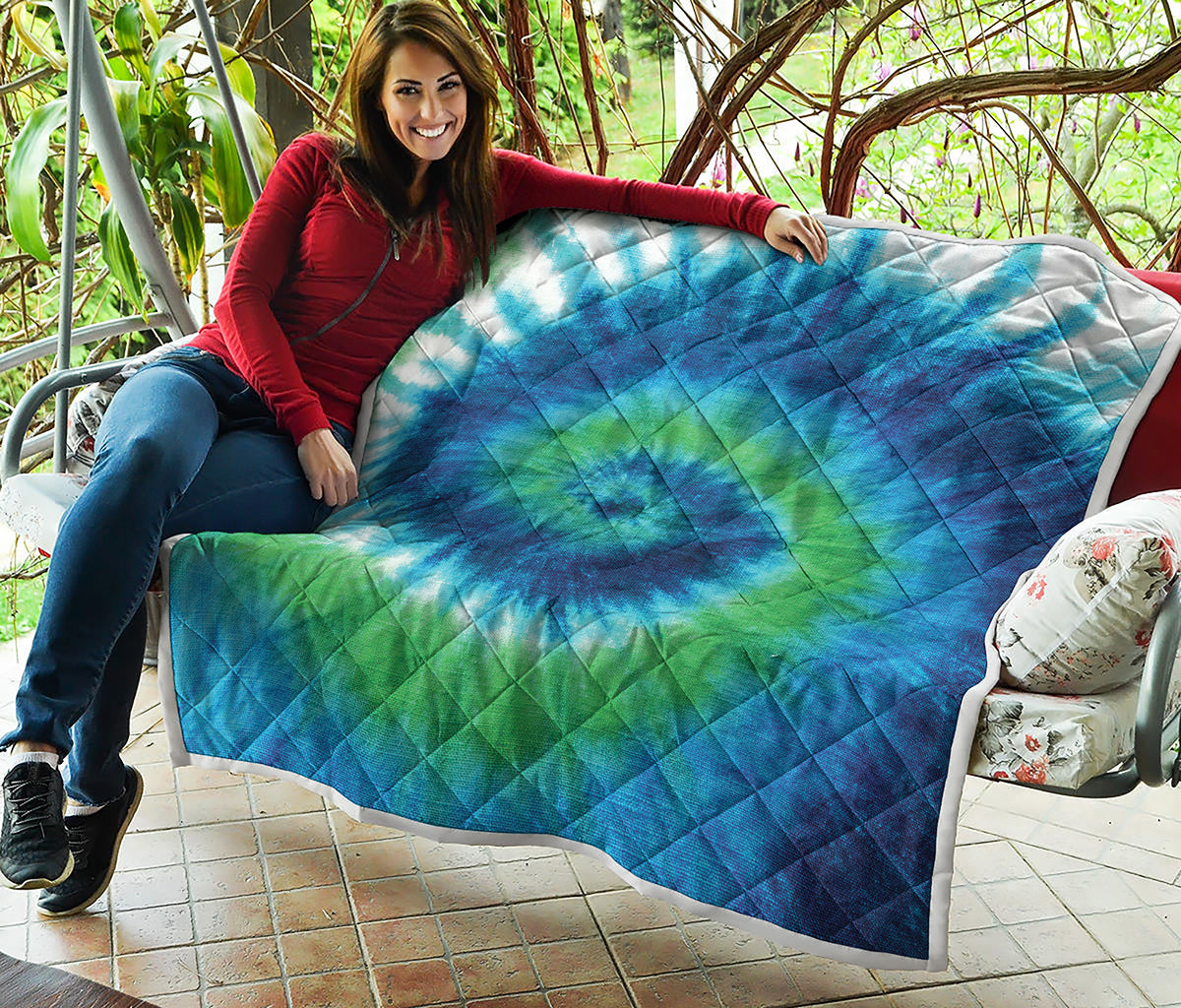 Blue Green And White Tie Dye Print Quilt