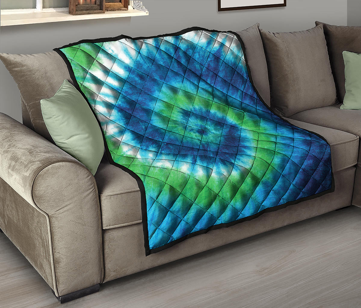 Blue Green And White Tie Dye Print Quilt