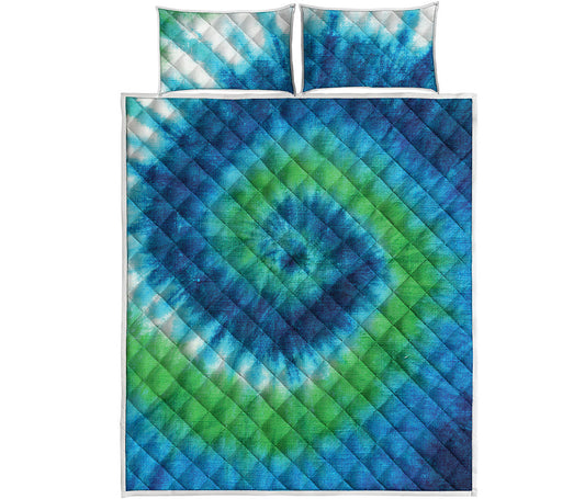 Blue Green And White Tie Dye Print Quilt Bed Set