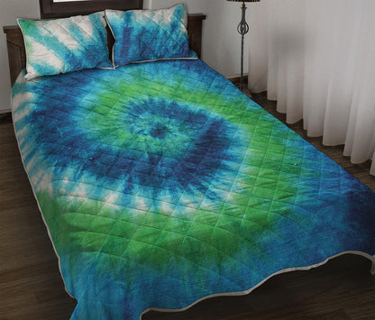 Blue Green And White Tie Dye Print Quilt Bed Set
