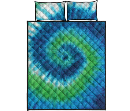 Blue Green And White Tie Dye Print Quilt Bed Set