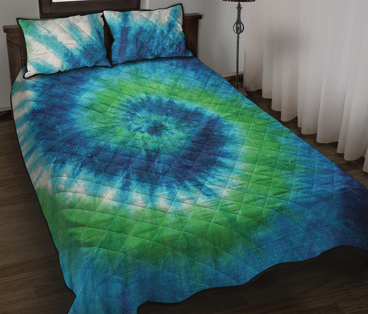 Blue Green And White Tie Dye Print Quilt Bed Set