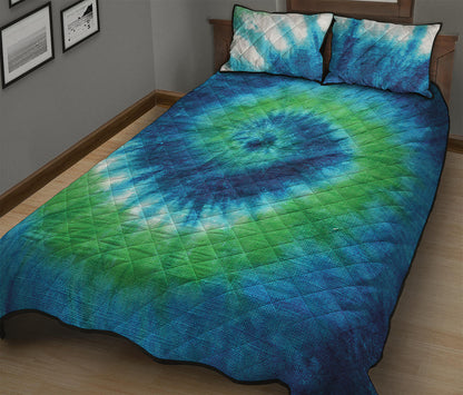 Blue Green And White Tie Dye Print Quilt Bed Set