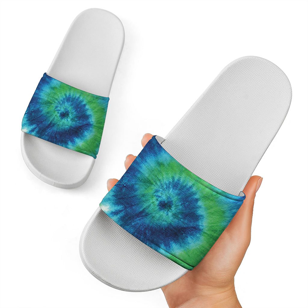 Blue Green And White Tie Dye Print White Slide Sandals