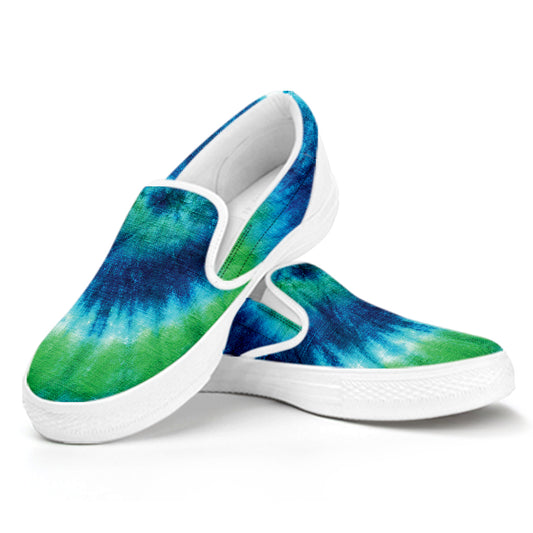 Blue Green And White Tie Dye Print White Slip On Shoes