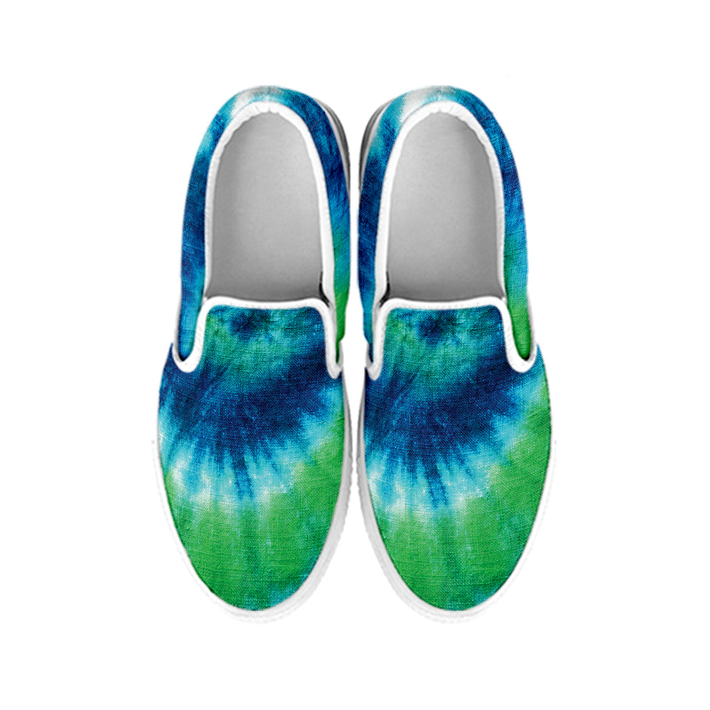 Blue Green And White Tie Dye Print White Slip On Shoes