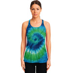 Blue Green And White Tie Dye Print Women's Racerback Tank Top