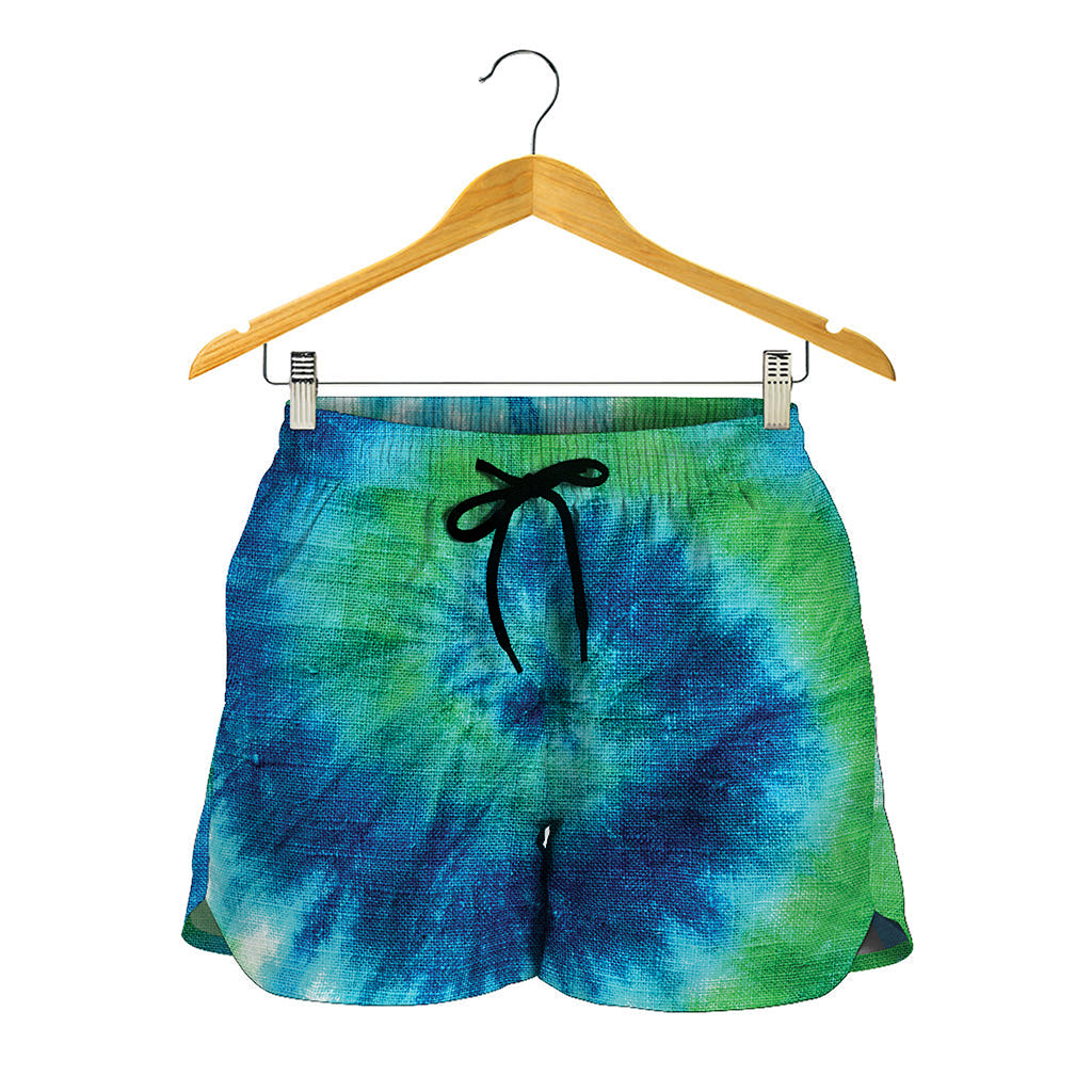 Blue Green And White Tie Dye Print Women's Shorts
