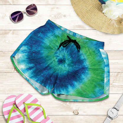 Blue Green And White Tie Dye Print Women's Shorts