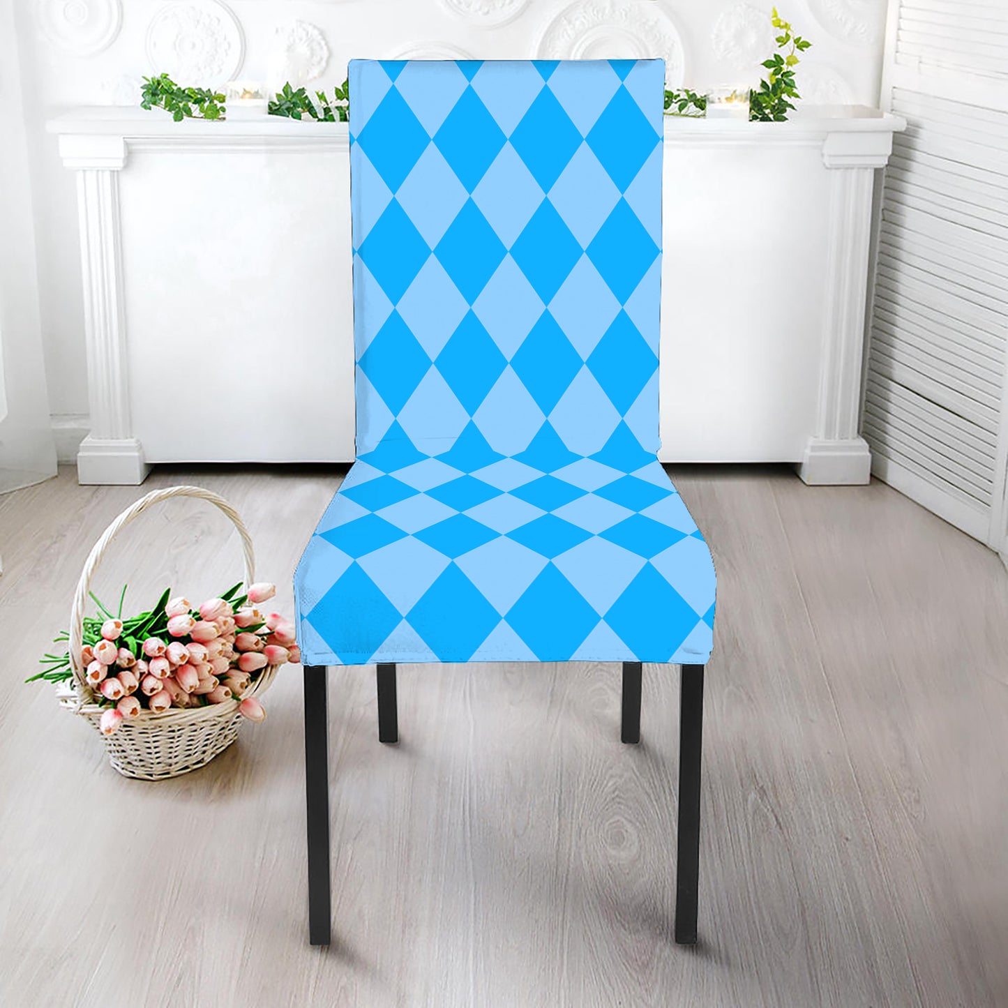 Blue Harlequin Pattern Print Dining Chair Slipcover