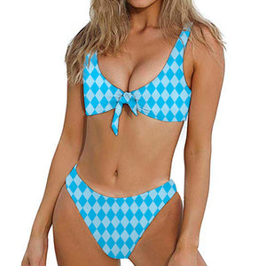 Blue Harlequin Pattern Print Front Bow Tie Bikini